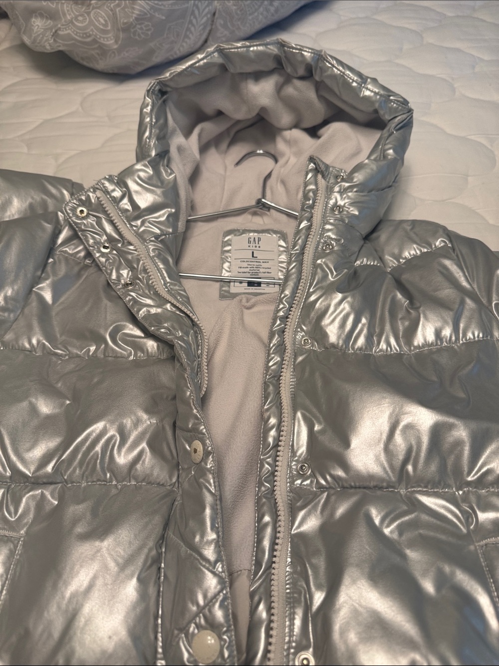 GAP Metallic Silver Puffer Jacket - Shiny Hooded Coat
